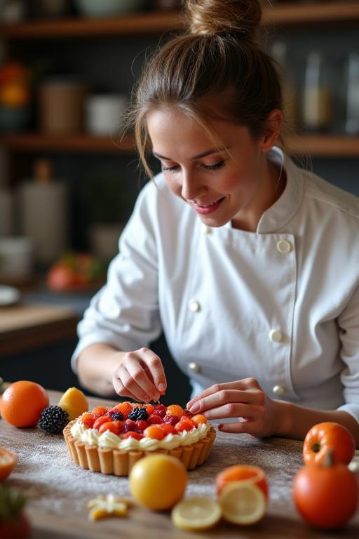 Il pasticcere fondatore mentre decora con cura una crostata alla frutta.