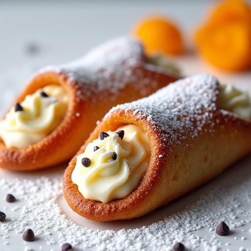 Due cannoli siciliani spolverati di zucchero a velo.