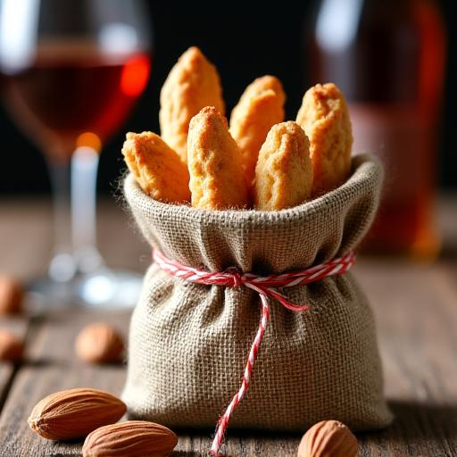 Un sacchetto di cantucci toscani legati con un nastro.