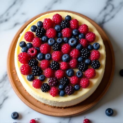 Cheesecake intera decorata con frutti di bosco.